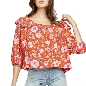 NWT Free People Miss Daisy Orange & Pink Daisy Balloon Sleeve Top